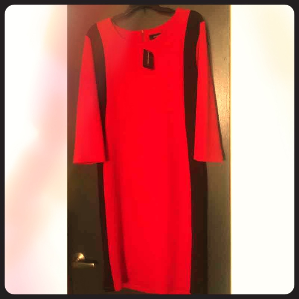 Red fitted dress with black side panels